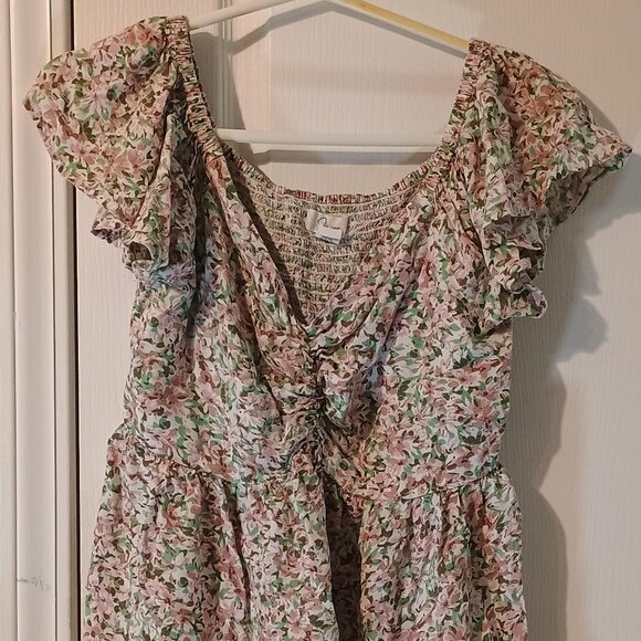 Japna Tops - Japna Floral Boho Top Women L Flutter Sleeve Ruched V-Neck Blouse